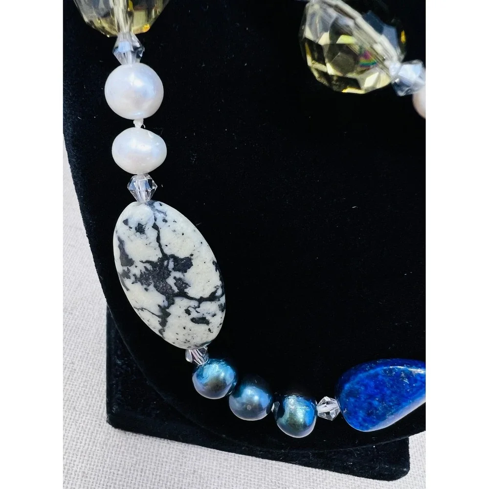 Lapis Lazuli Dalmatian Jasper and Pearl Long Strand Beaded Necklace
